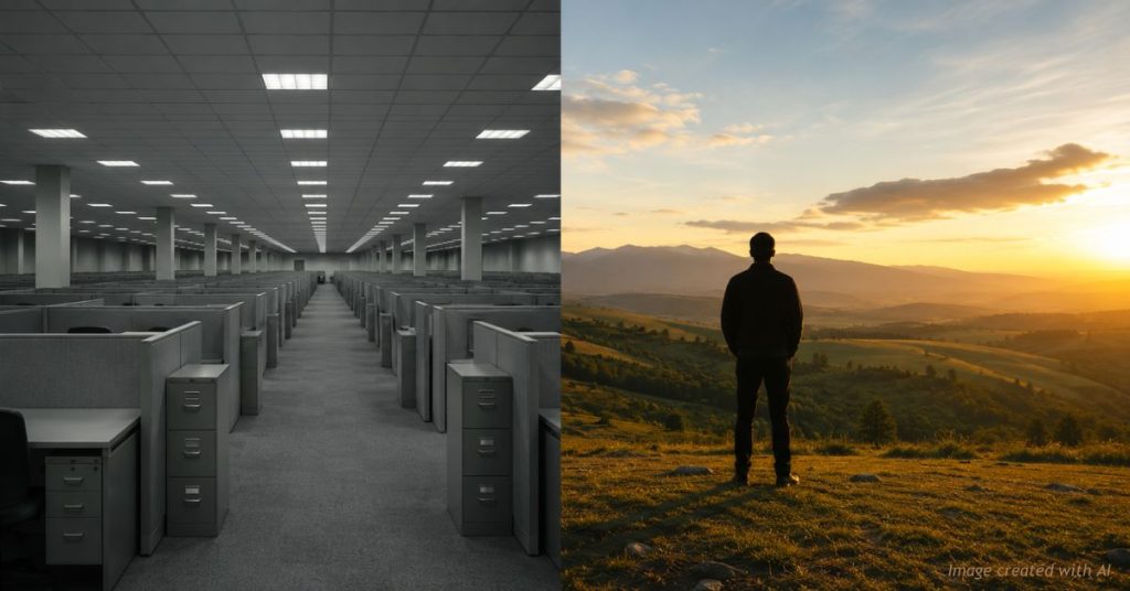 A vast gray grid of fluorescent-lit office cubicles on the left, a lone person in warm open country at sunset on the right.