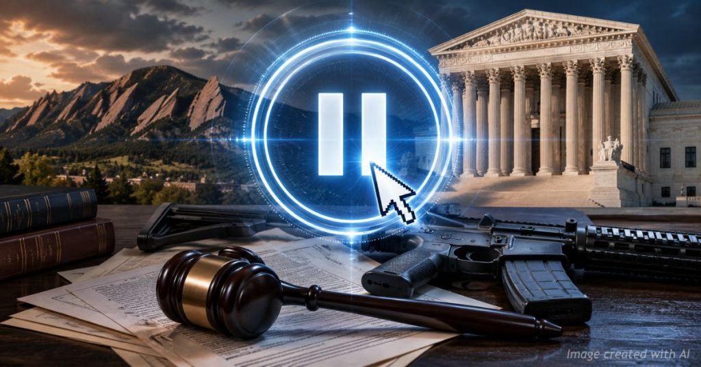 Gavel and AR-style rifle rest on legal papers beneath a glowing pause icon as the Supreme Court stands behind.