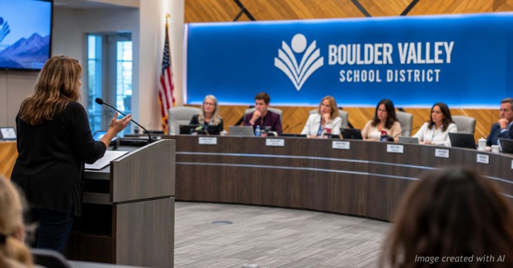 Woman addresses the Boulder Valley School District Board of Education during a public meeting.
