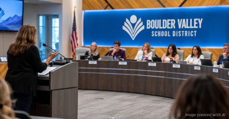 Woman addresses the Boulder Valley School District Board of Education during a public meeting.