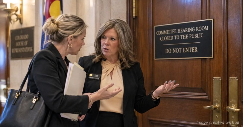 Brandi Bradley speaks with an attorney outside a closed committee hearing room at the Colorado Capitol.
