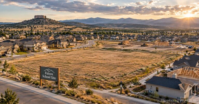 Castle Rock neighborhood development surrounds an undeveloped parcel designated for a future school.