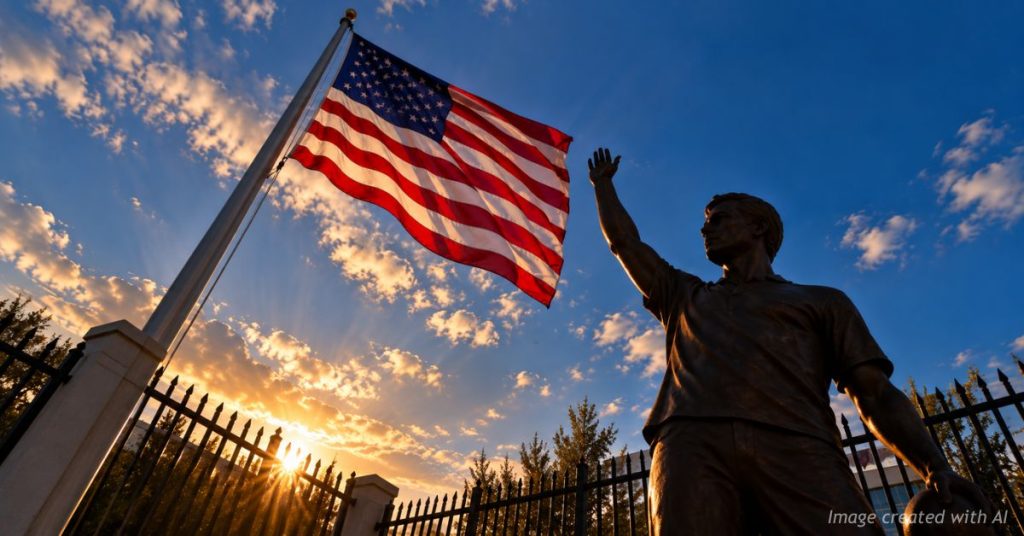 Charlie Kirk memorial statue silhouetted beneath an American flag outside a wrought iron fence.