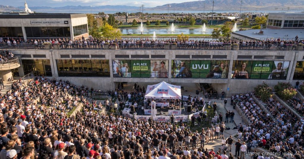 Crowded Utah Valley University amphitheater during a large outdoor event with the stage at center.