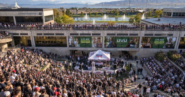 Crowded Utah Valley University amphitheater during a large outdoor event with the stage at center.