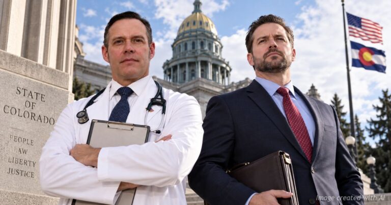 Doctor and attorney stand resolutely outside the Colorado State Capitol amid a legal challenge over gender transition care.