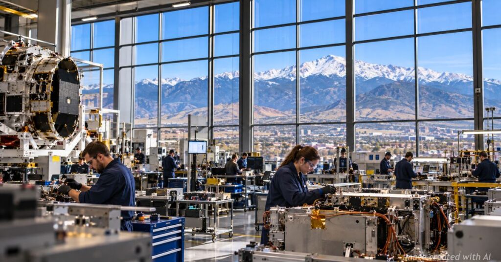 Aerospace workers assemble high-tech components inside a Colorado facility with Pikes Peak visible through large windows.
