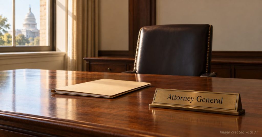 Attorney General nameplate on a desk with a closed case folder and a capitol view, evoking a call to investigate.