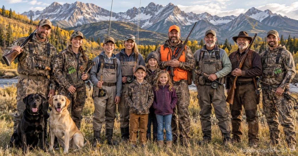 Colorado families pose with hunting and fishing gear against the Rocky Mountains.