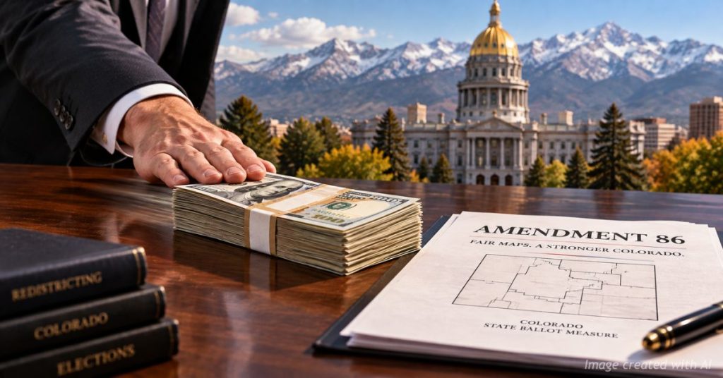 Suited hand pushes a stack of money toward Amendment 86 paperwork with the Colorado State Capitol in the background.