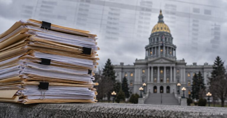 Stack of clipped case files on a ledge with the Colorado State Capitol and a faint ledger behind, evoking a state audit.