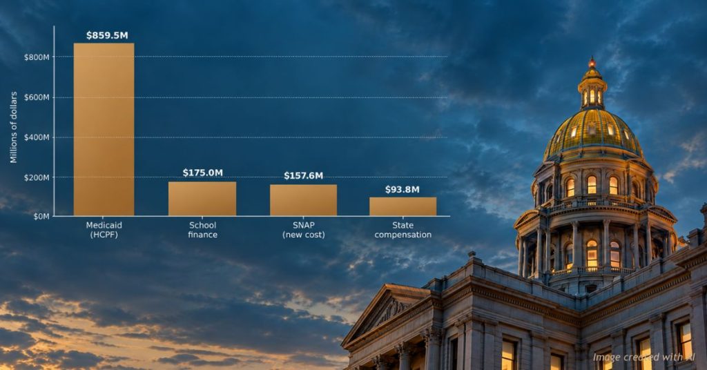Bar chart over the Colorado Capitol showing FY2027-28 spending rises, Medicaid $859.5M far above school, SNAP, pay.