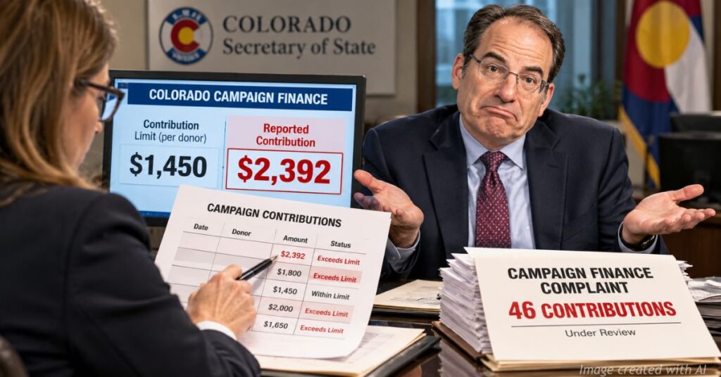 Election official reviews Colorado campaign finance records showing a $2,392 contribution compared with the $1,450 contribution limit as Phil Weiser looks on.