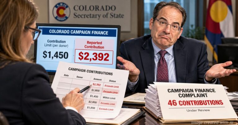 Election official reviews Colorado campaign finance records showing a $2,392 contribution compared with the $1,450 contribution limit as Phil Weiser looks on.