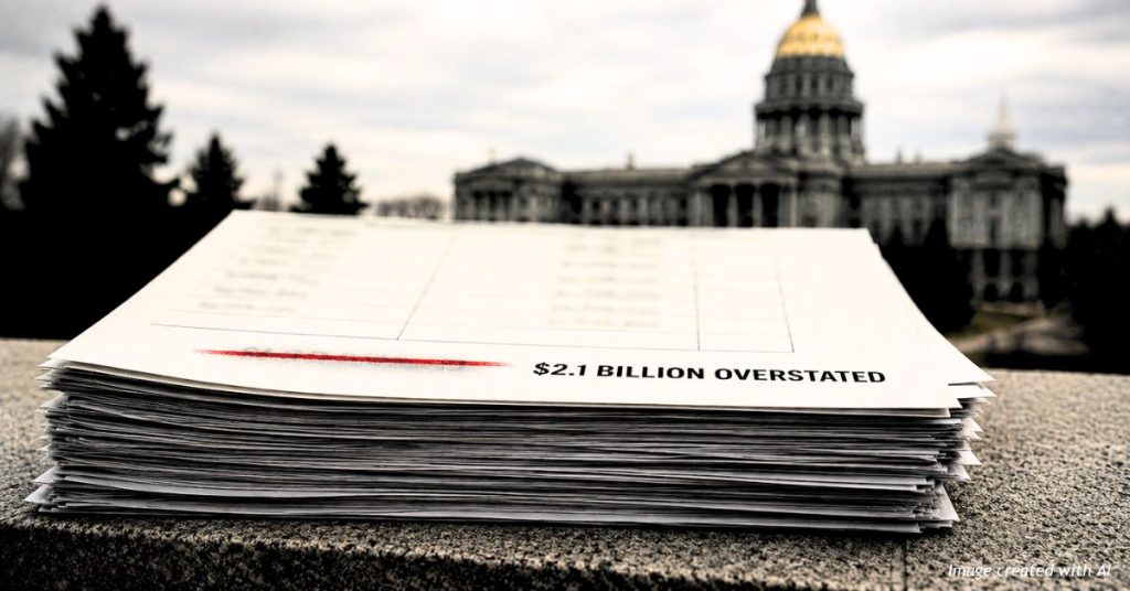 Stack of state contract reports outside the Colorado Capitol, top sheet struck through with "$2.1 billion overstated."