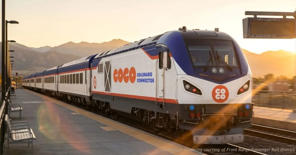 A Colorado Connector (CoCo) passenger train in blue, orange and white livery pulls into a Front Range station platform at sunset.