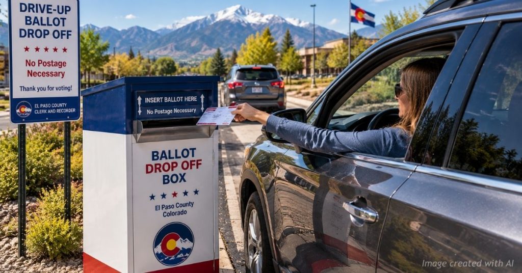 Woman drops off her ballot from the driver’s seat at a drive-up ballot box in Colorado.