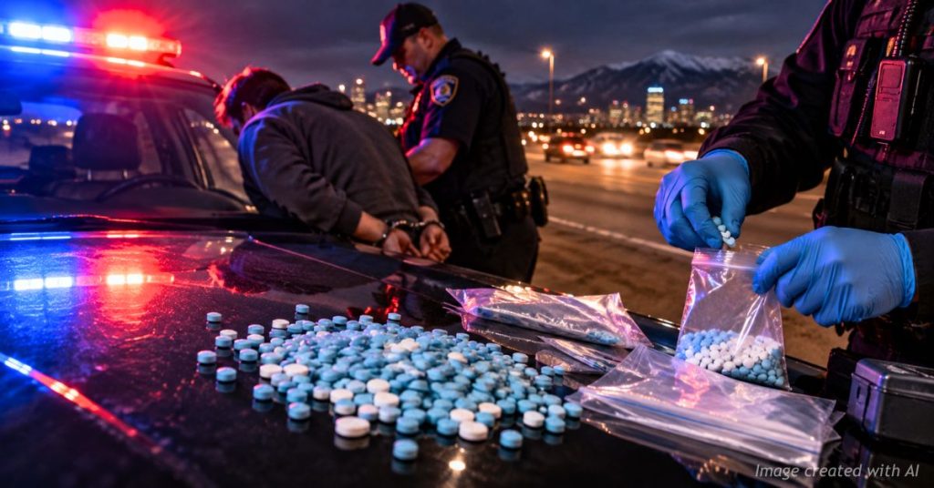 Police process seized pills as a handcuffed suspect is detained during a nighttime roadside arrest.
