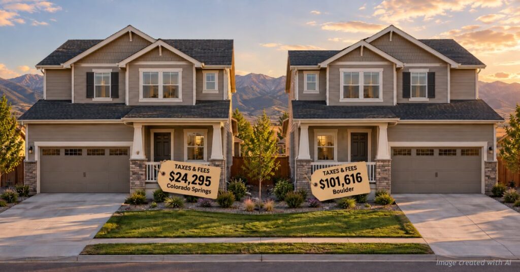Identical houses tagged with taxes and fees: $24,295 in Colorado Springs and $101,616 in Boulder, a $77,000 gap
