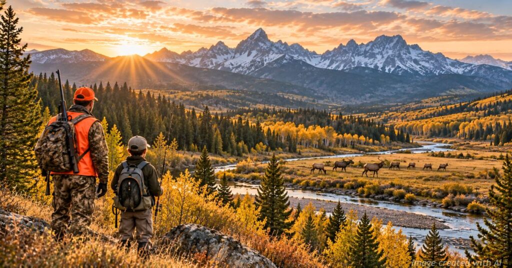 Hunter and young angler overlook elk, a mountain river and Colorado’s autumn landscape.