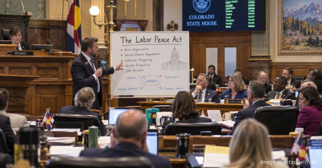 Colorado lawmakers listen as a representative discusses the Labor Peace Act during a State House debate.