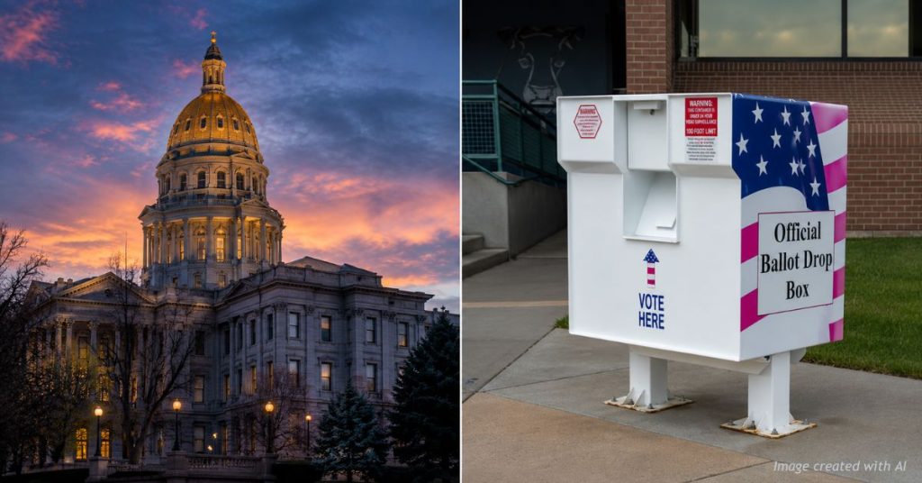 Colorado State Capitol at sunset beside an official Colorado ballot drop box, framing the November vote on gender policy.