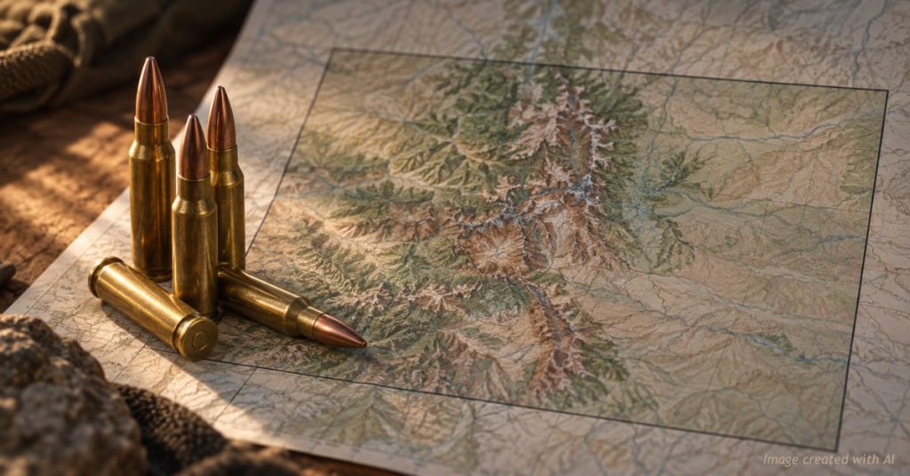 Rifle cartridges resting on a topographic map of Colorado, illustrating a proposed statewide hunting ammunition ban.