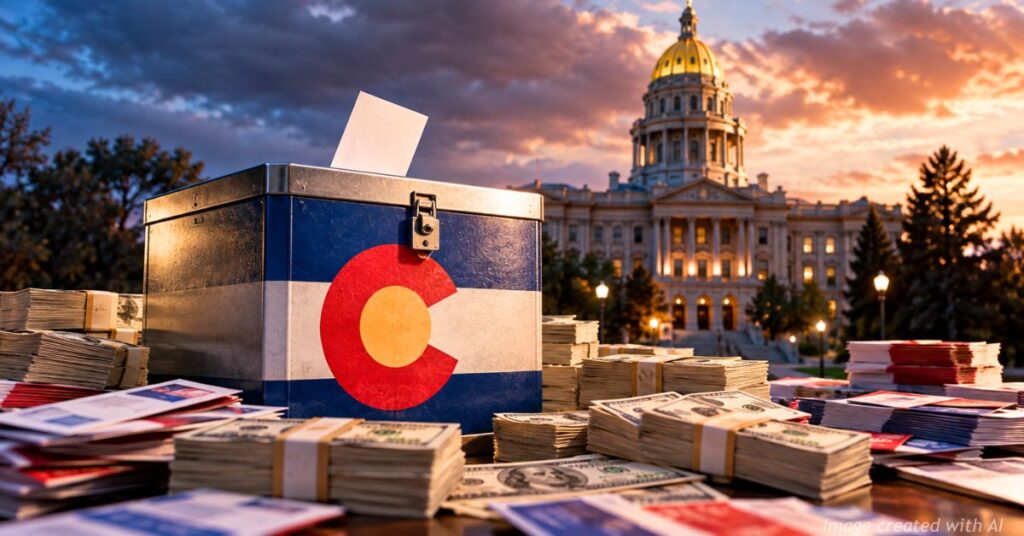 Colorado ballot box surrounded by campaign cash with the State Capitol in the background