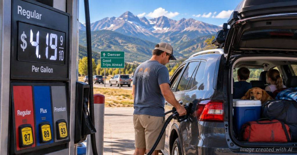 Colorado family fuels a road trip vehicle as gas reaches a record $4.19 per gallon over Labor Day.