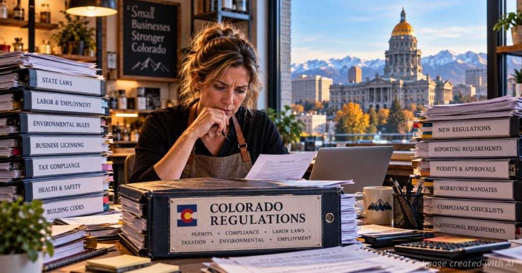 Colorado small-business owner surrounded by regulatory binders with the Colorado State Capitol behind her.