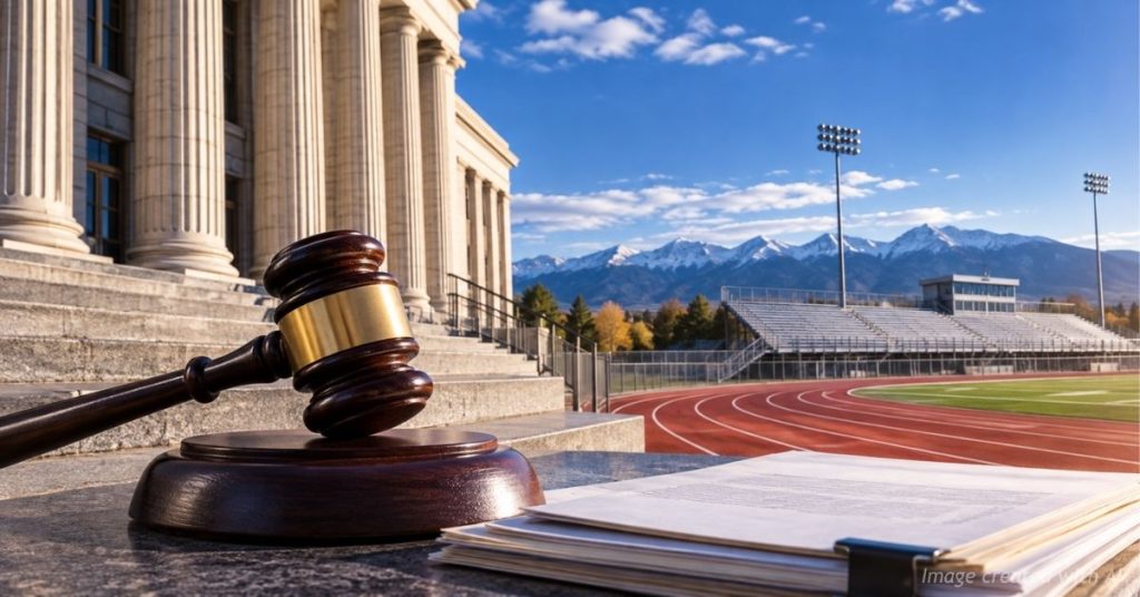 Federal courthouse and gavel overlooking an empty Colorado high school athletic track