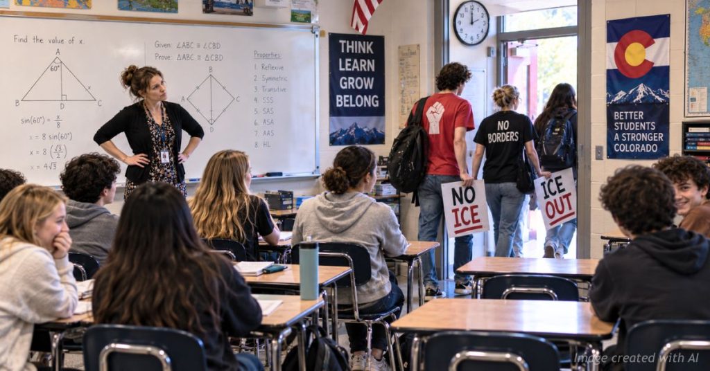 Colorado students leave a classroom carrying anti-ICE signs as classmates watch from their desks.