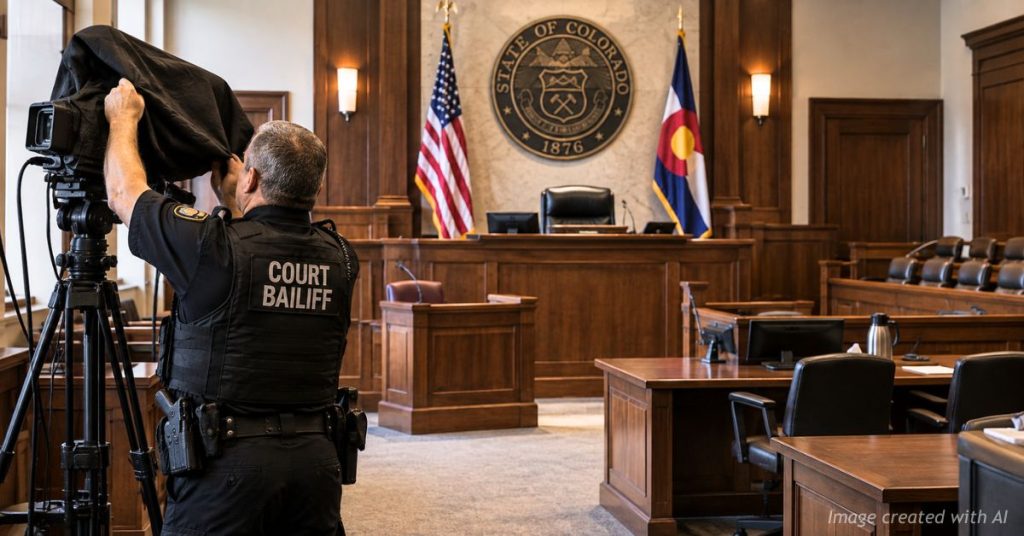 Bailiff covers a courtroom camera as Colorado pauses mandatory livestreaming of court proceedings.