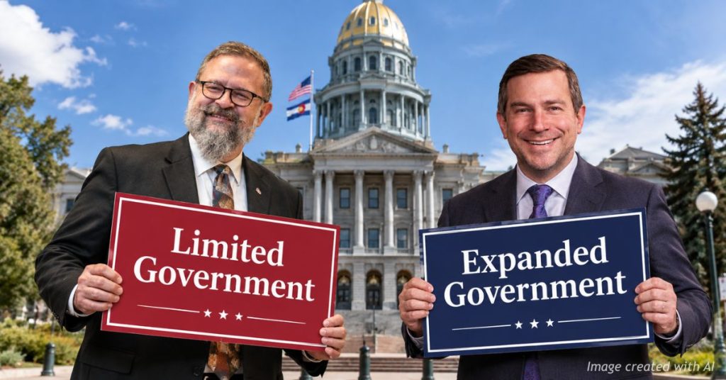 Kevin Grantham and Jeff Bridges outside the Colorado Capitol holding Limited Government and Expanded Government signs.