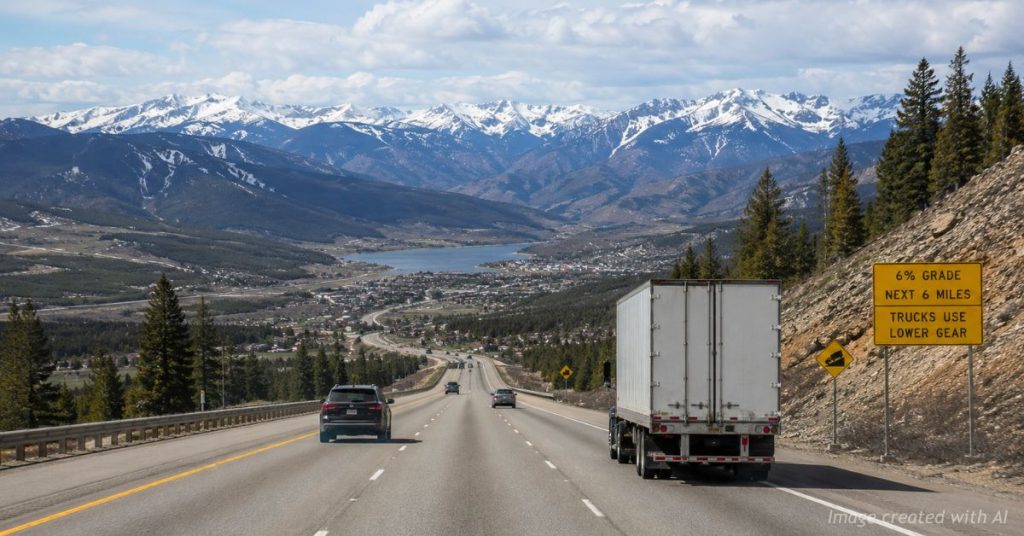 Commercial semi descends a steep Colorado I-70 mountain grade near a runaway truck ramp.