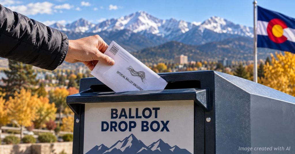Colorado voter places a ballot in a drop box with the Rocky Mountains in the background.