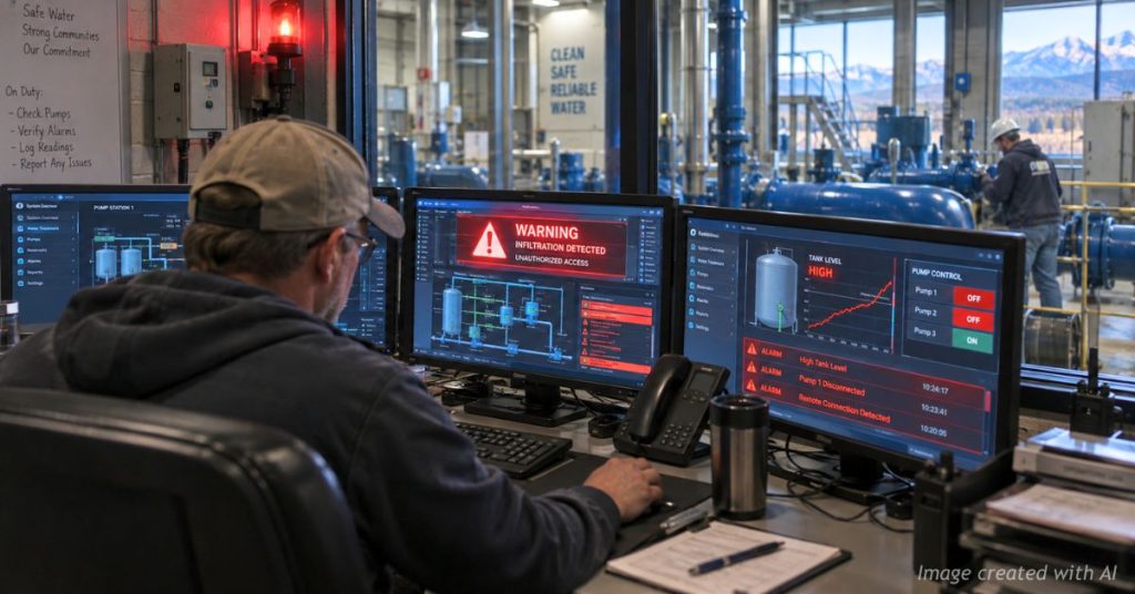 Water utility worker responds to cyberattack warnings on control monitors at a Colorado water facility.