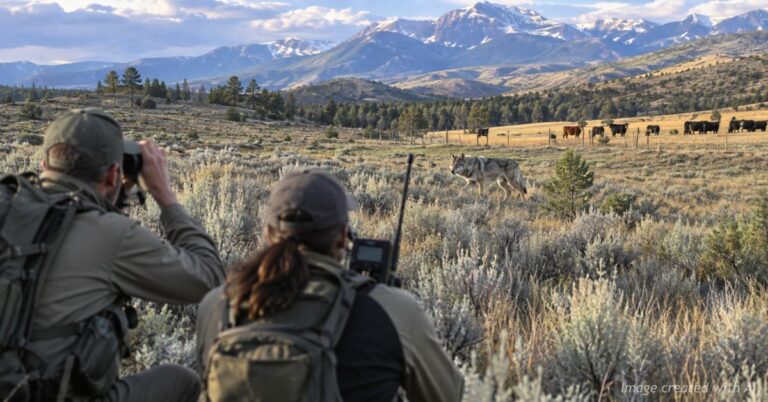 Colorado wildlife personnel monitor a gray wolf near cattle in mountain ranch country.