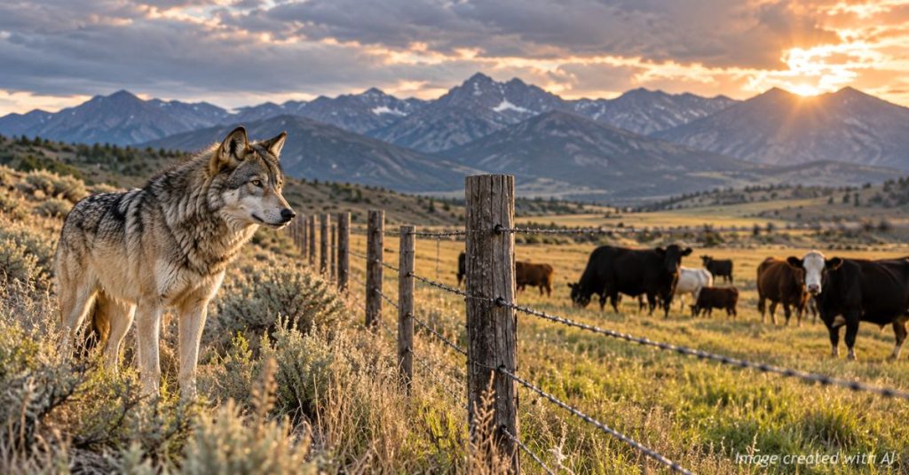 Gray wolf stands beyond a ranch fence as cattle graze in a Colorado pasture.