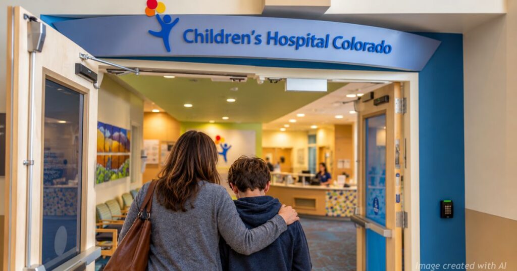 Mother supports her teenage son as they enter Children’s Hospital Colorado for care.
