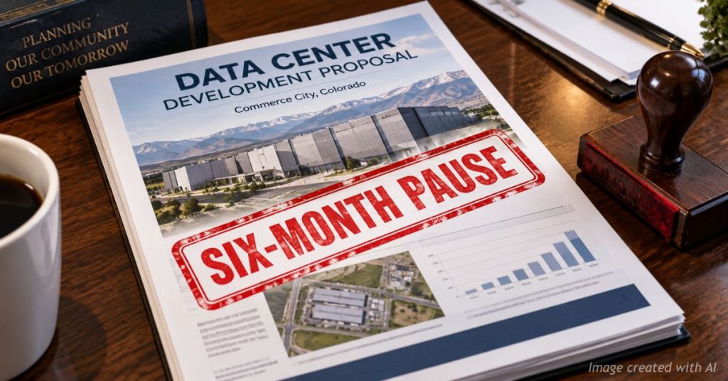 Commerce City data center development proposal stamped “Six-Month Pause” in red on a desk.