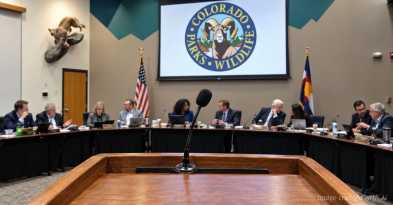 Empty public microphone faces Colorado Parks and Wildlife commissioners during a commission meeting.
