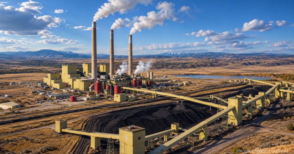 Ultra-realistic aerial view of the Craig coal-fired power plant and coal facilities in northwest Colorado.