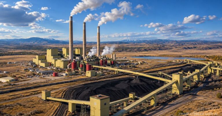 Ultra-realistic aerial view of the Craig coal-fired power plant and coal facilities in northwest Colorado.