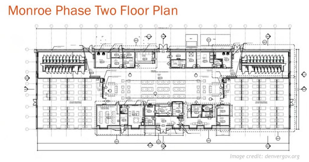 Draft floor plan for Denver’s proposed Monroe Street homeless shelter in the Clayton neighborhood.
