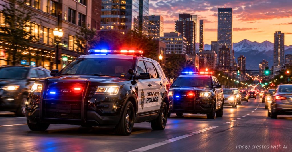 Two Denver police vehicles with emergency lights activated travel through downtown Denver at dusk.
