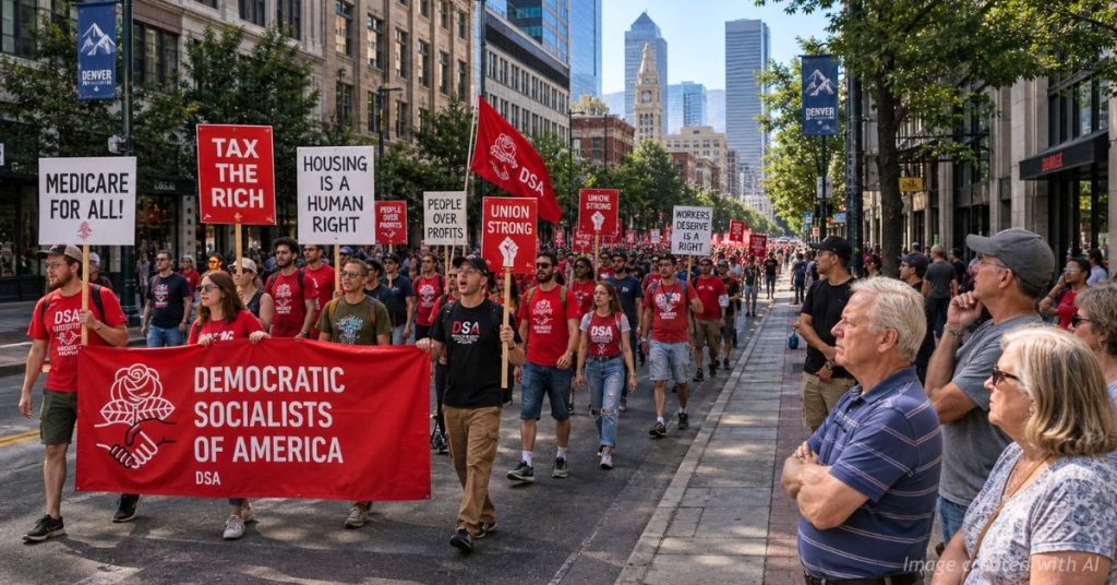 DSA demonstrators march through downtown Denver as bystanders watch from the sidewalk.