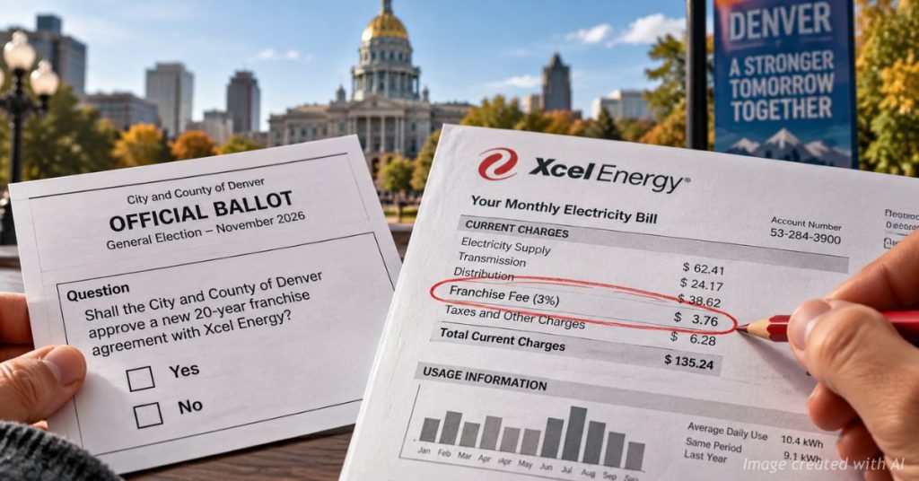 Denver voter reviews an Xcel Energy bill with the 3% franchise fee circled beside a 2026 ballot.