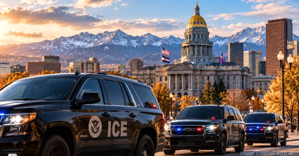 Federal-style vehicles near the Colorado Capitol symbolize increased immigration enforcement in Colorado.