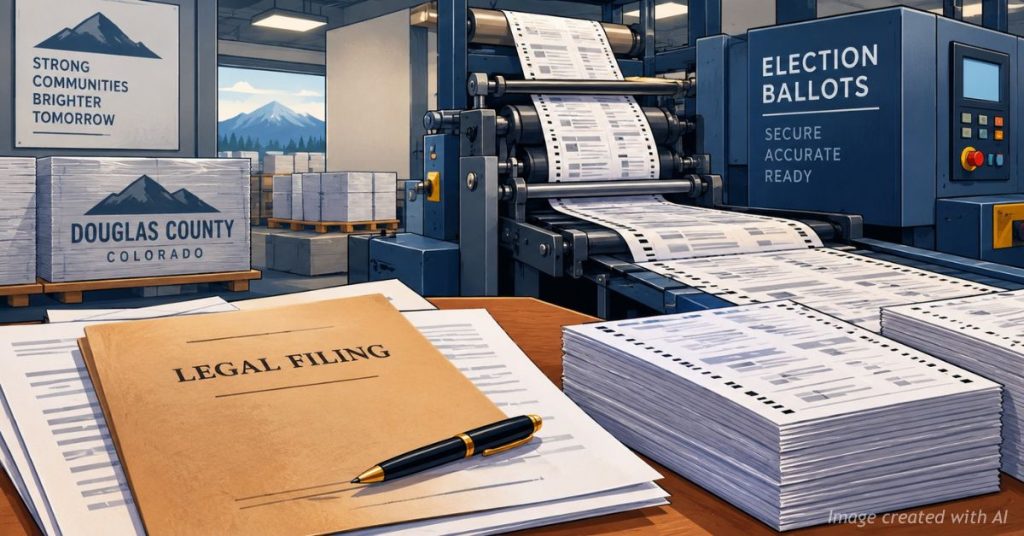Douglas County ballots shown in production beside legal documents representing the continuing court dispute.